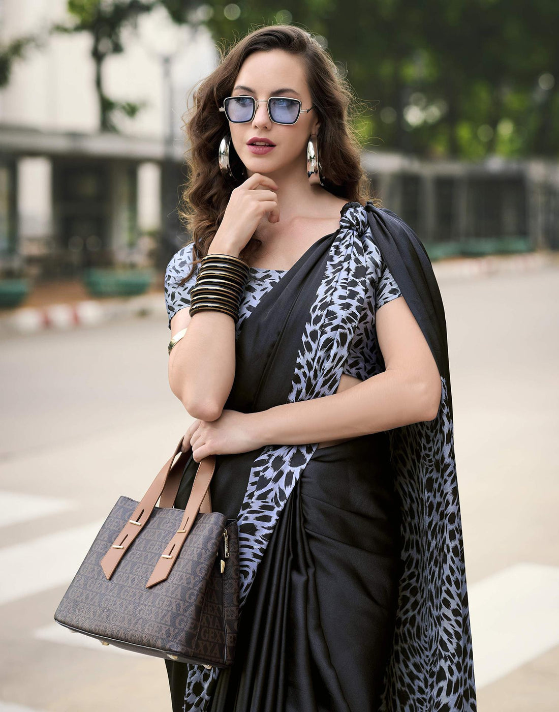 Black Satin Printed Saree