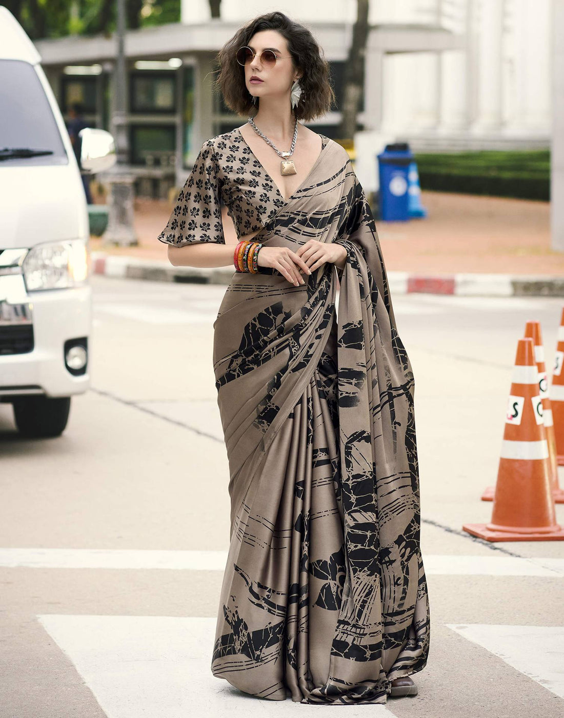 Light Brown Satin Printed Saree