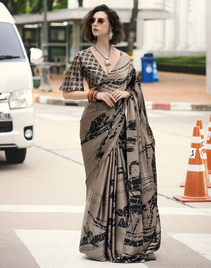 Light Brown Satin Printed Saree