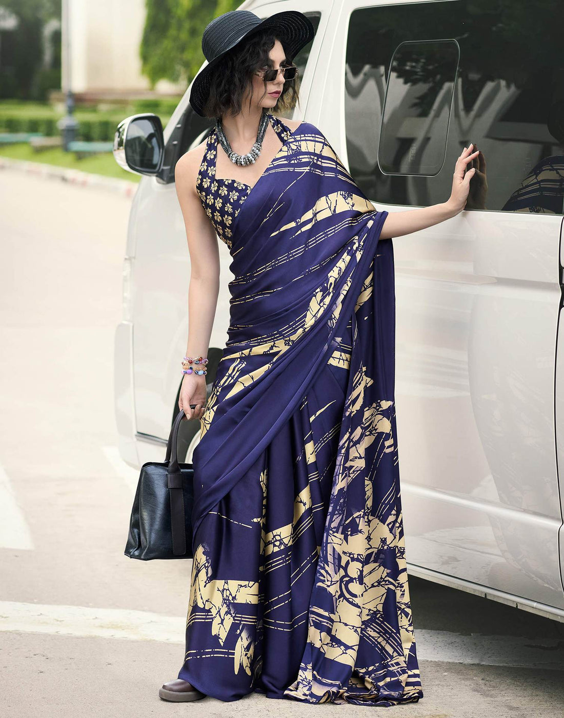 Dark Purple Satin Printed Saree