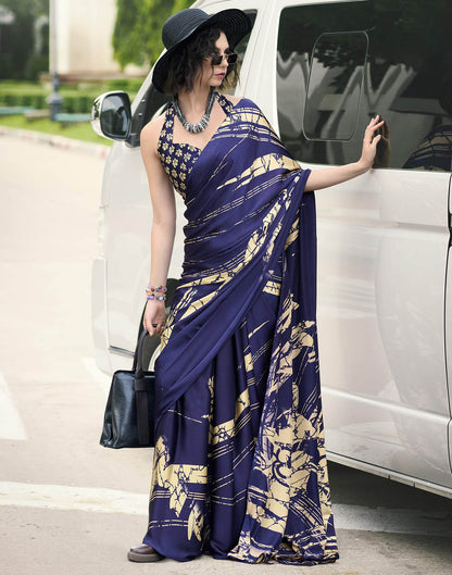 Dark Purple Satin Printed Saree