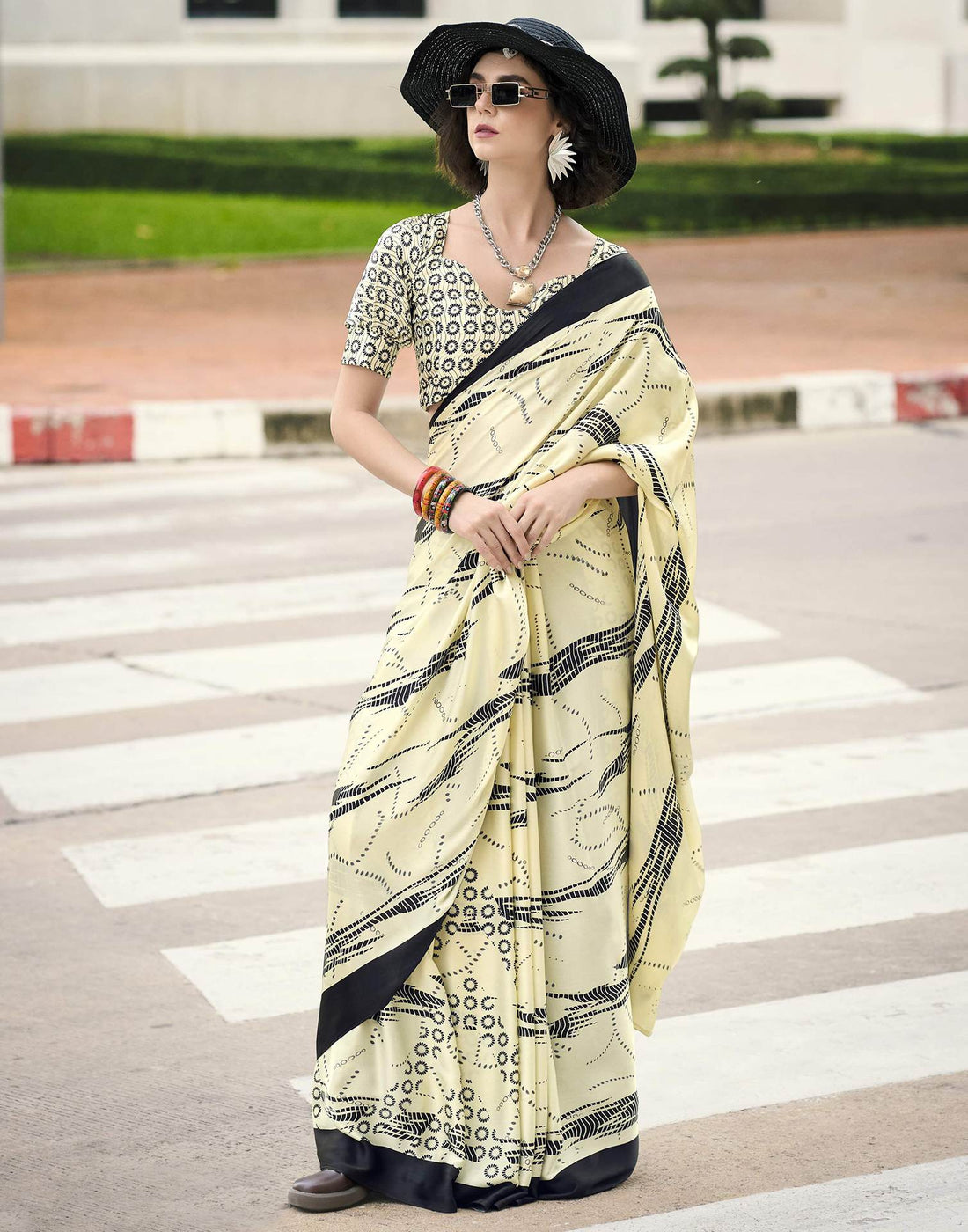 Creme Satin Printed Saree