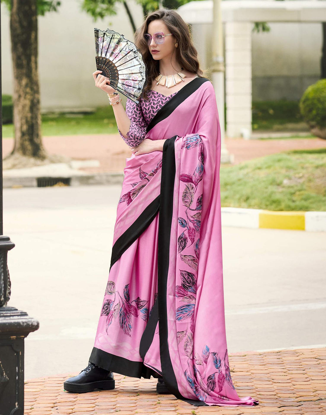 Pink Satin Floral Printed Saree