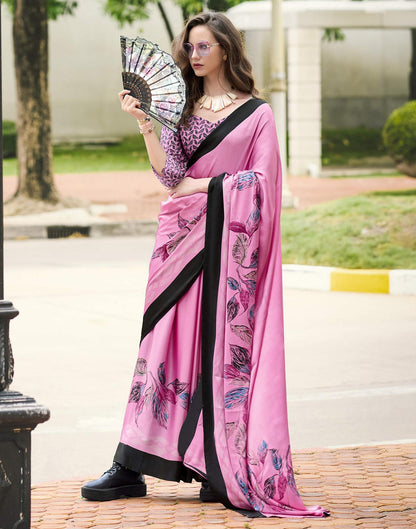 Pink Satin Floral Printed Saree