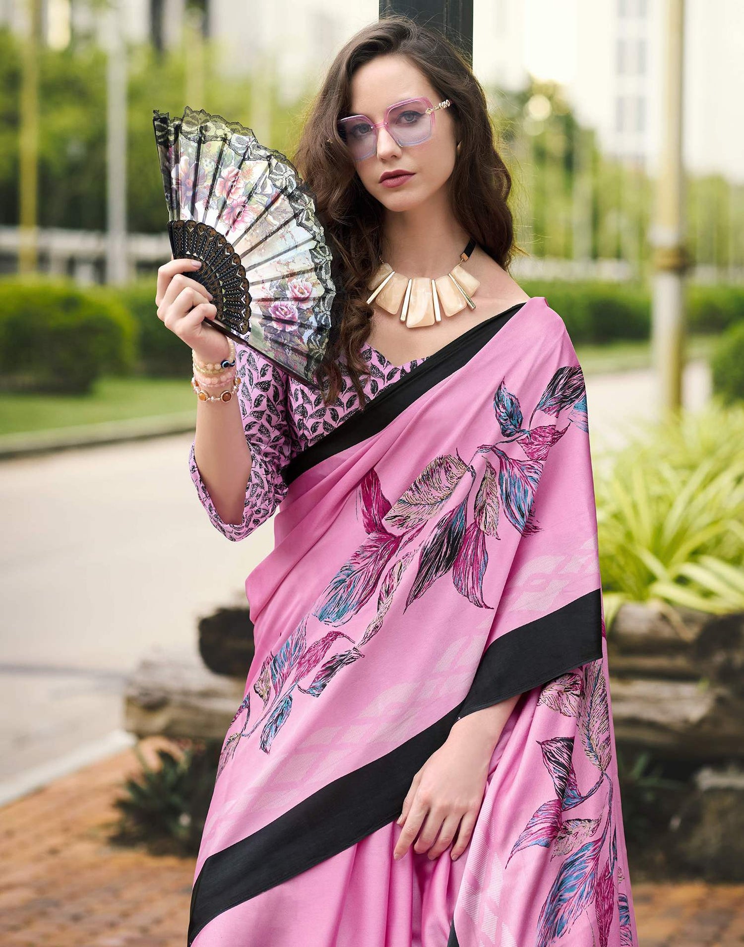 Pink Satin Floral Printed Saree