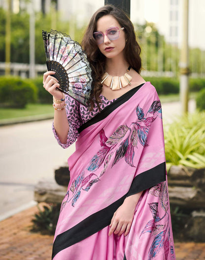 Pink Satin Floral Printed Saree