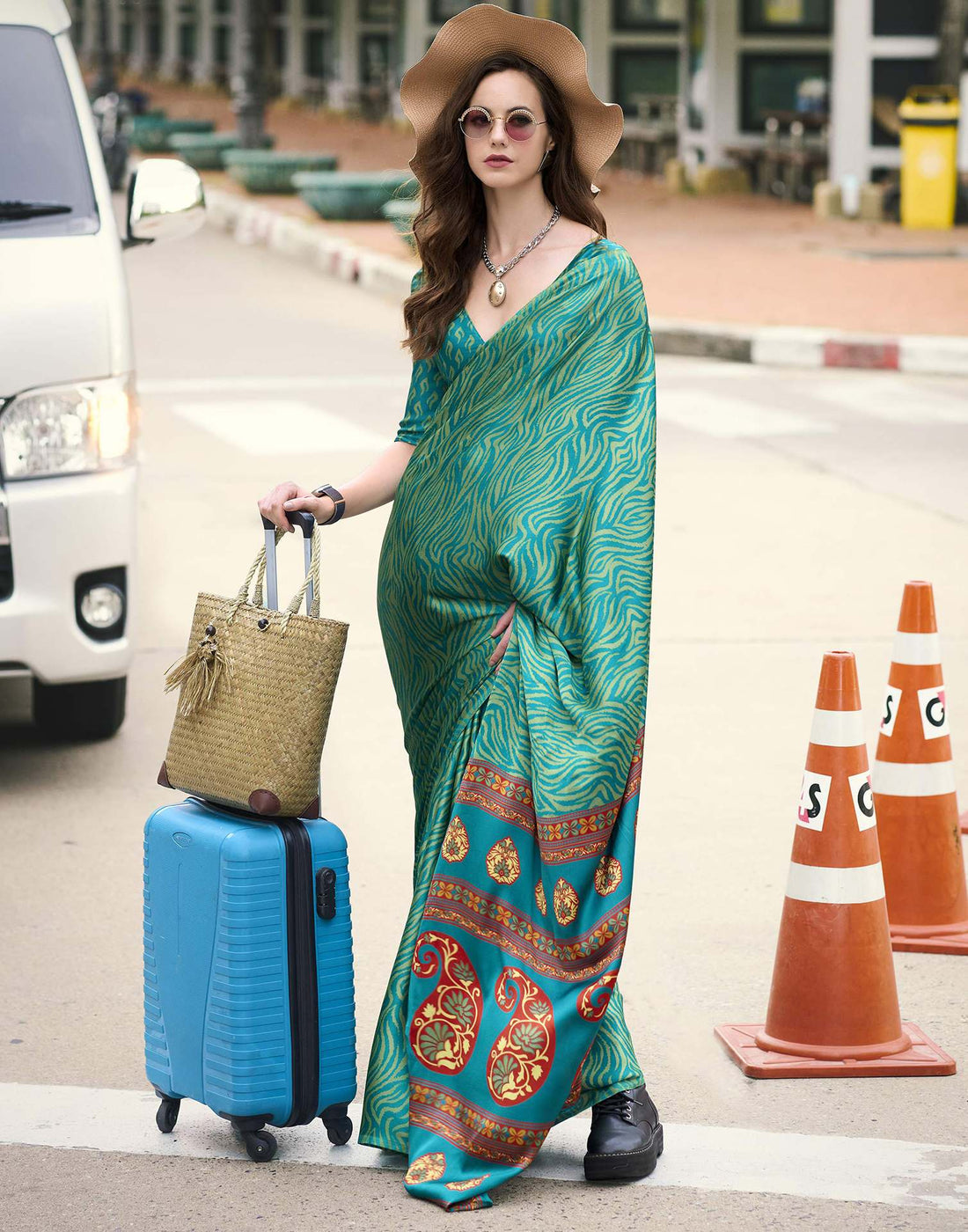 Green Satin Printed Saree