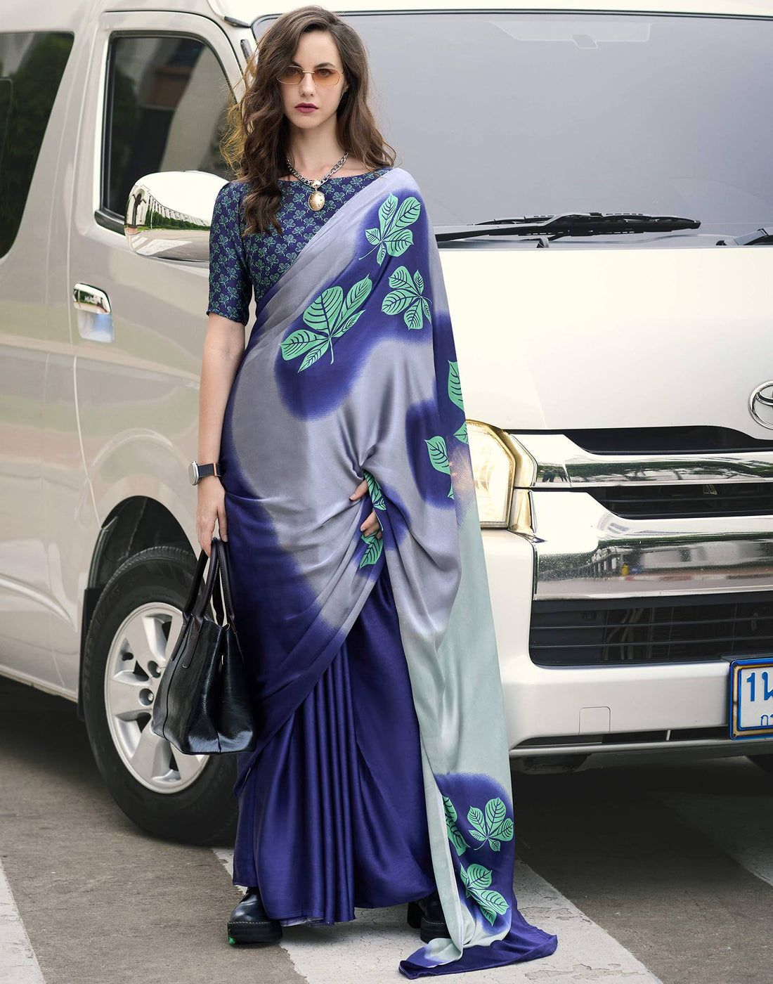 Blue Satin Printed Saree