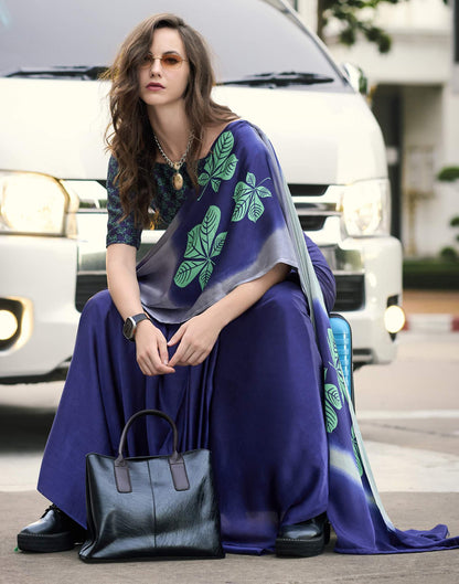 Blue Satin Printed Saree