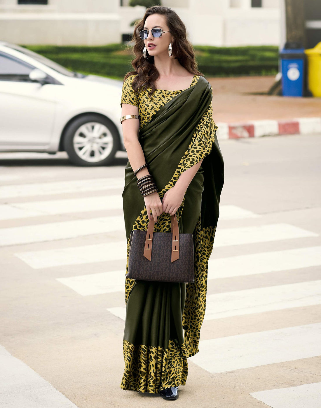Dark Green Satin Printed Saree