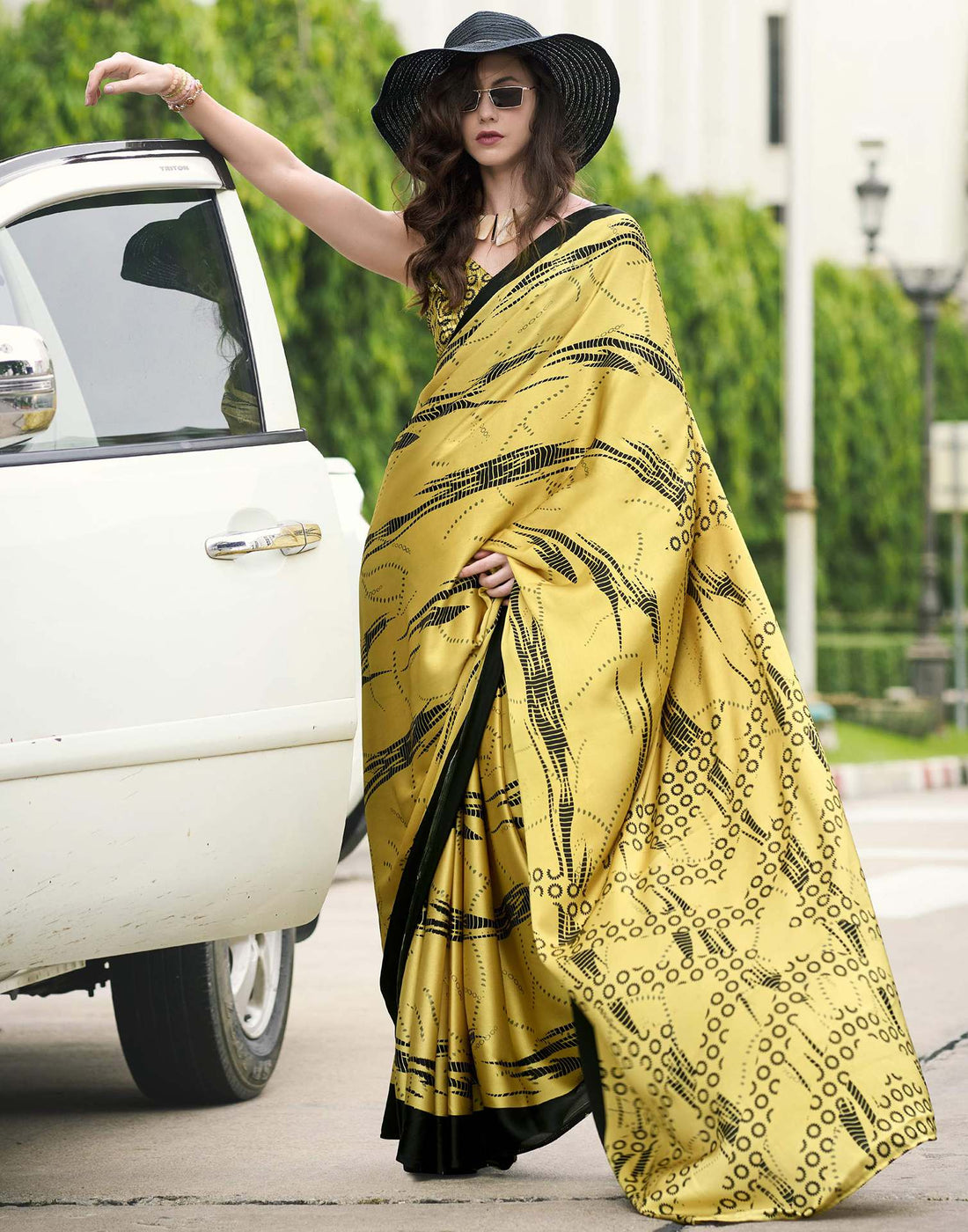 Yellow Satin Printed Saree