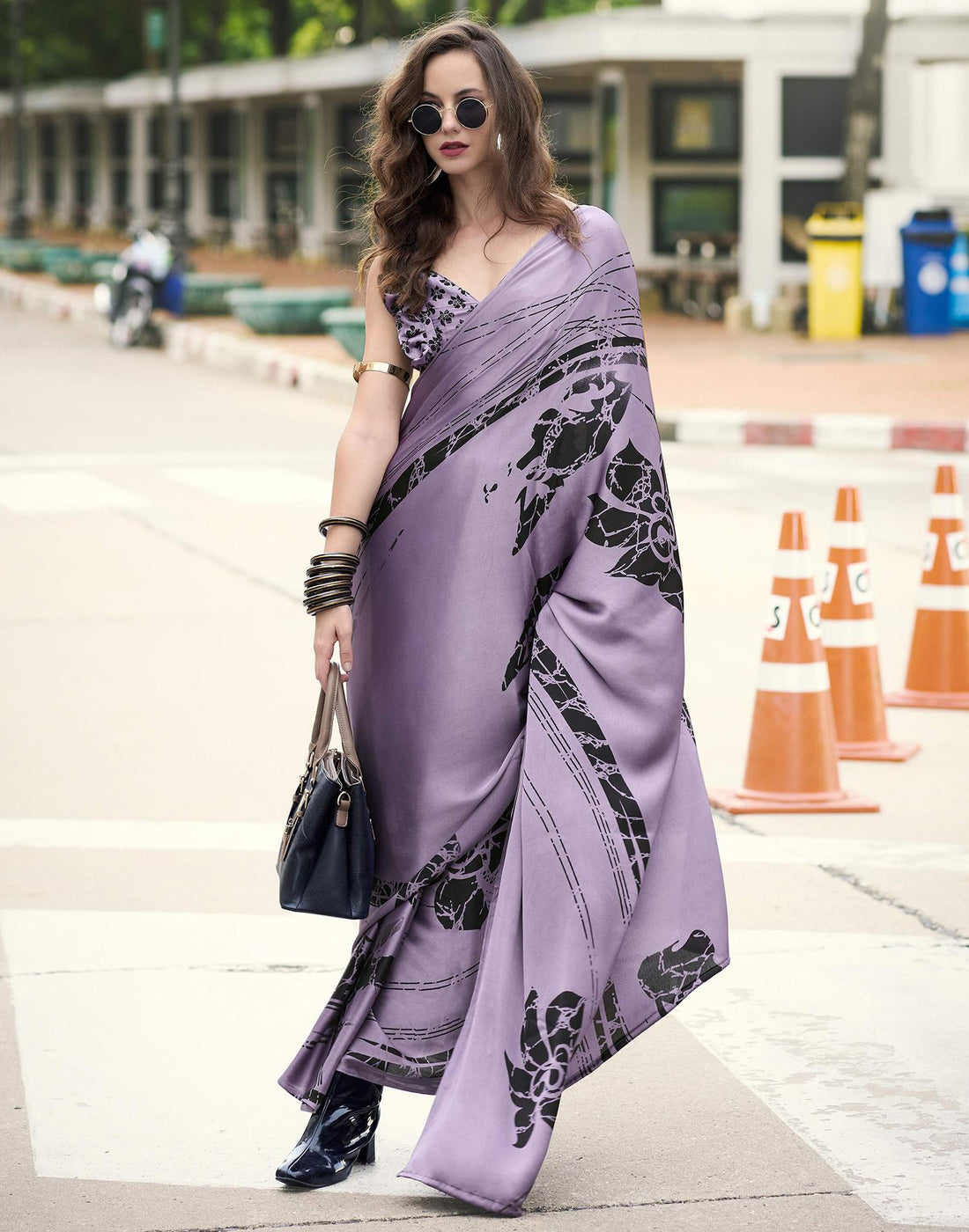 Light Purple Satin Printed Saree