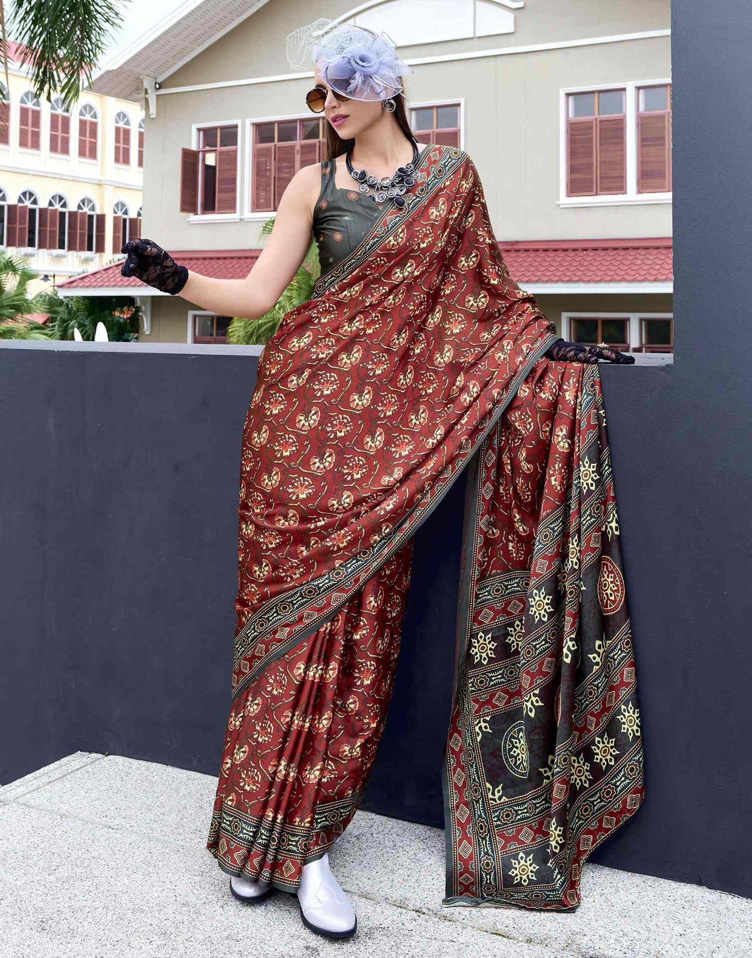 Brown Satin Printed Saree