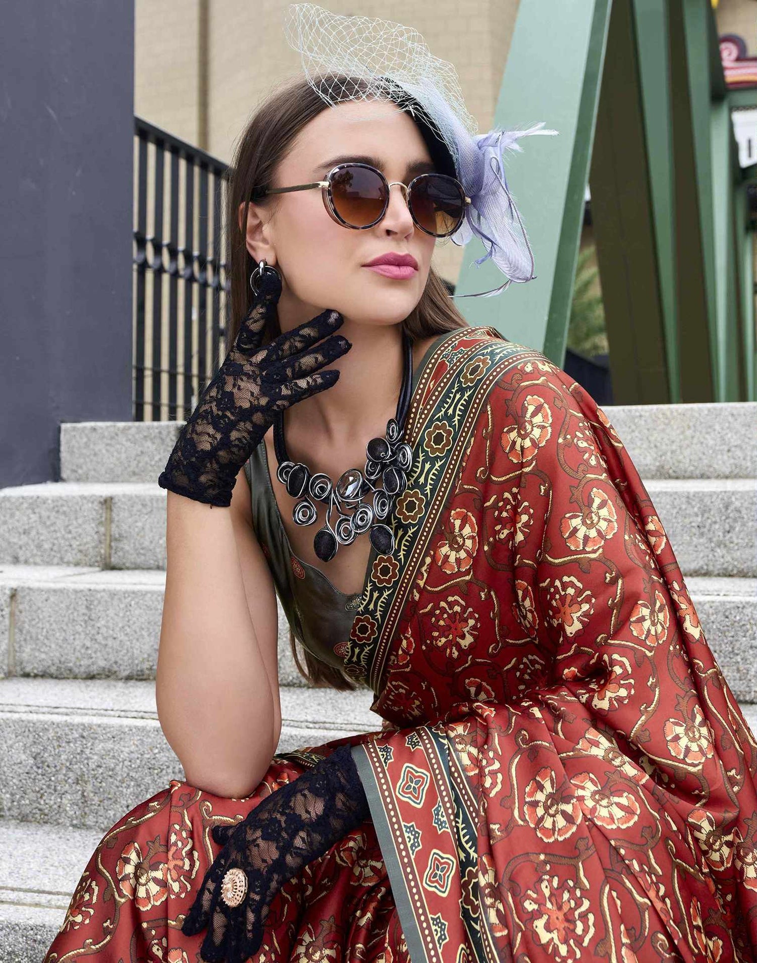 Brown Satin Printed Saree