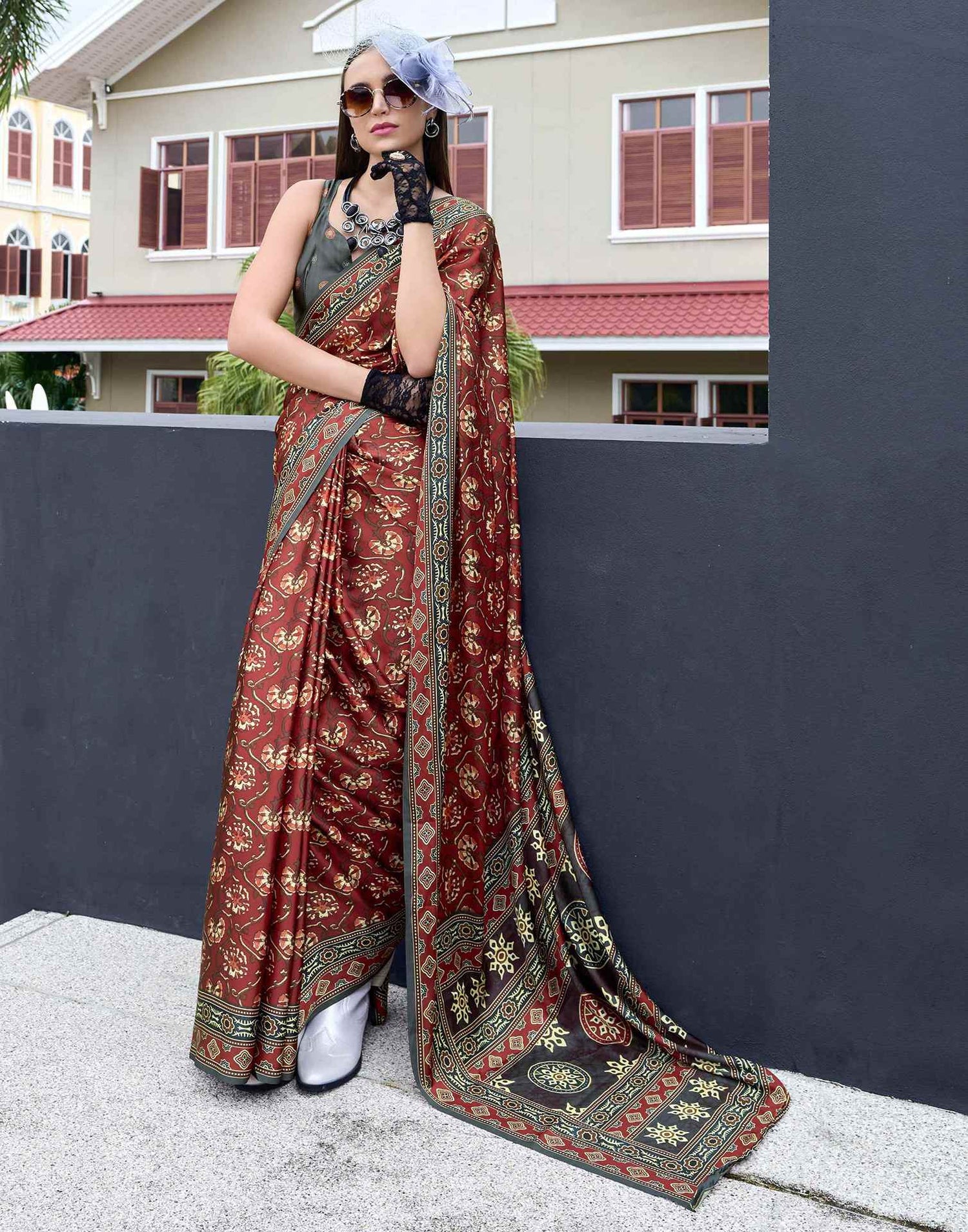 Brown Satin Printed Saree