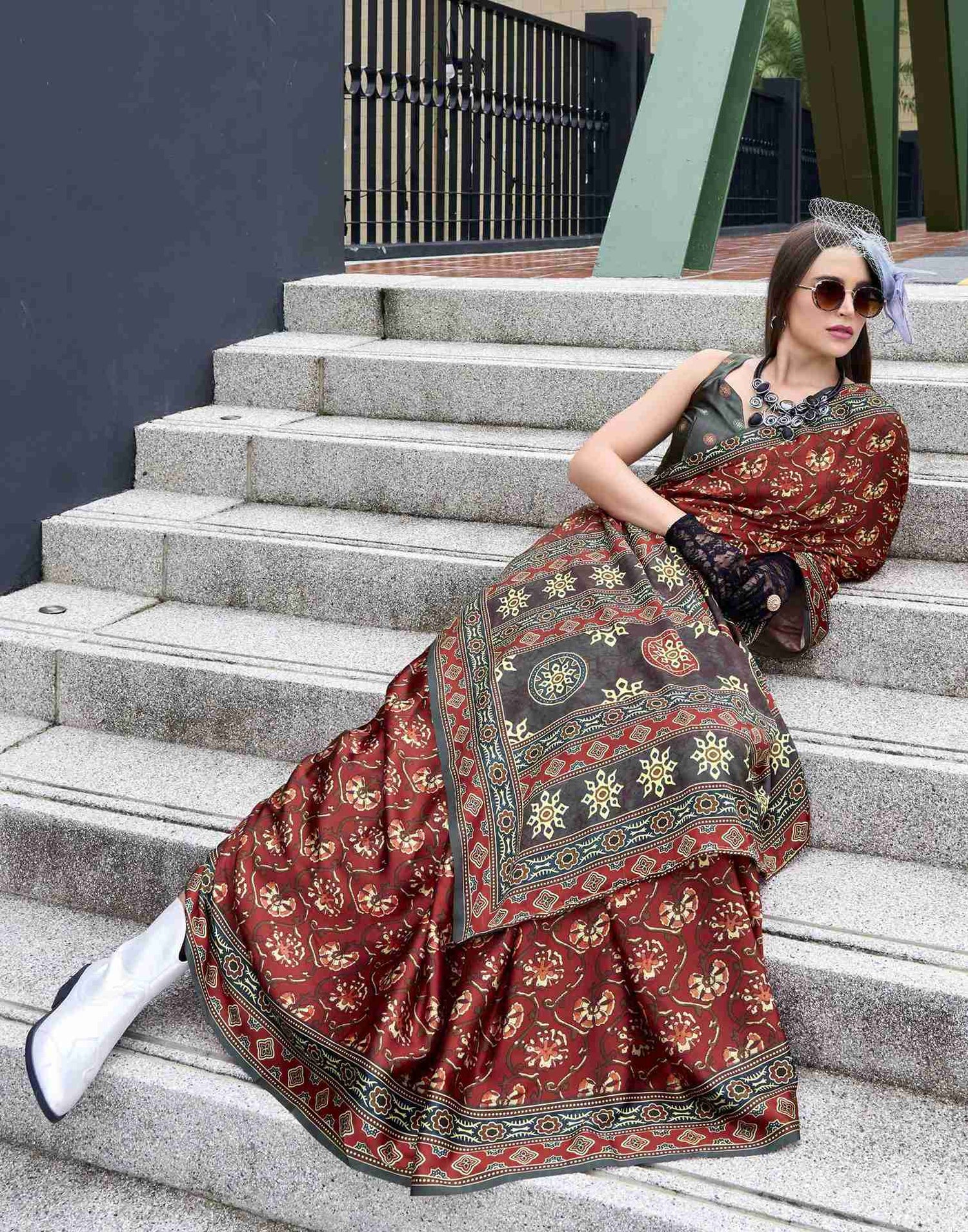 Brown Satin Printed Saree