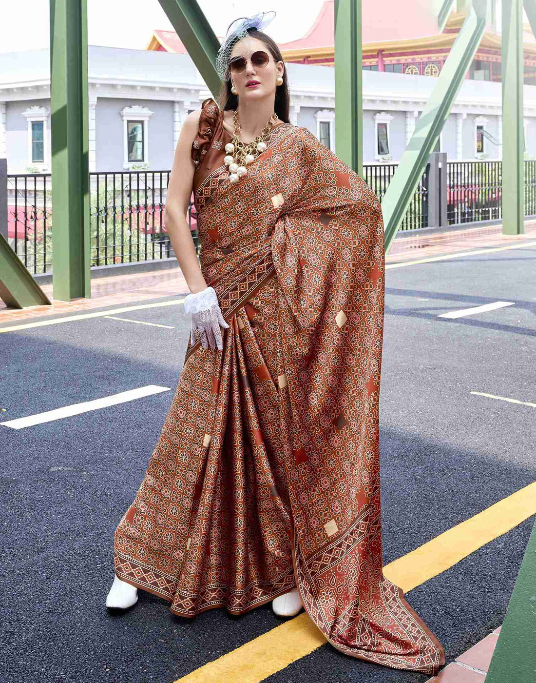 Rust Satin Printed Saree