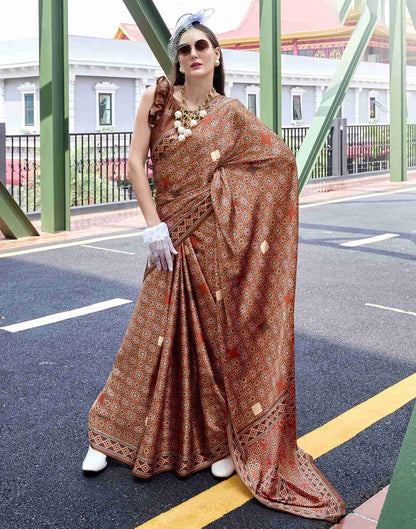 Rust Satin Printed Saree