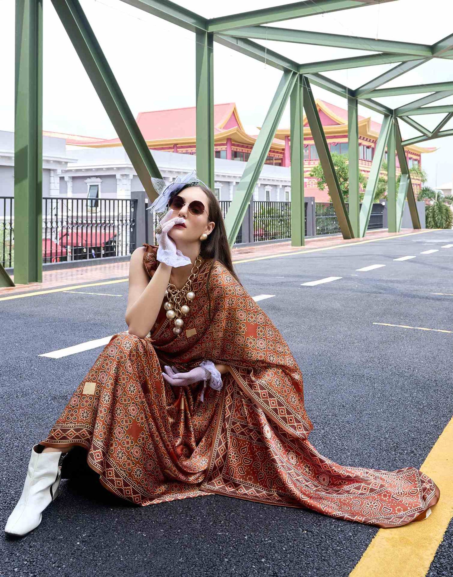 Rust Satin Printed Saree