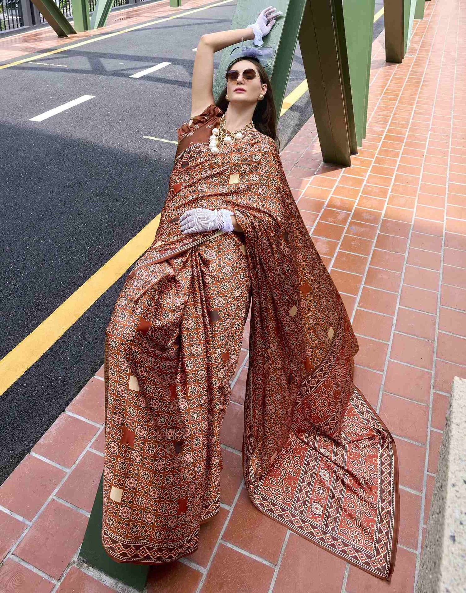Rust Satin Printed Saree