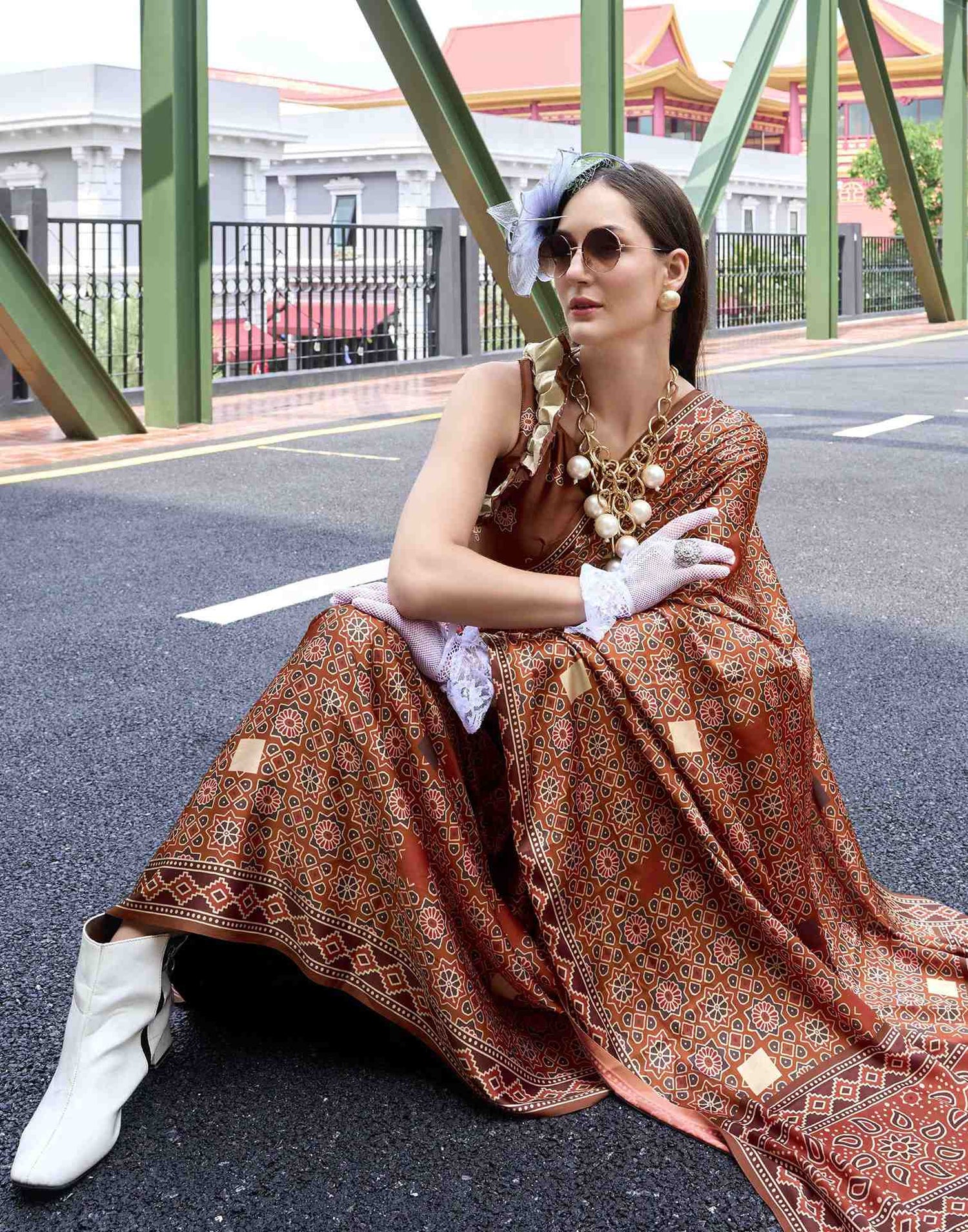 Rust Satin Printed Saree