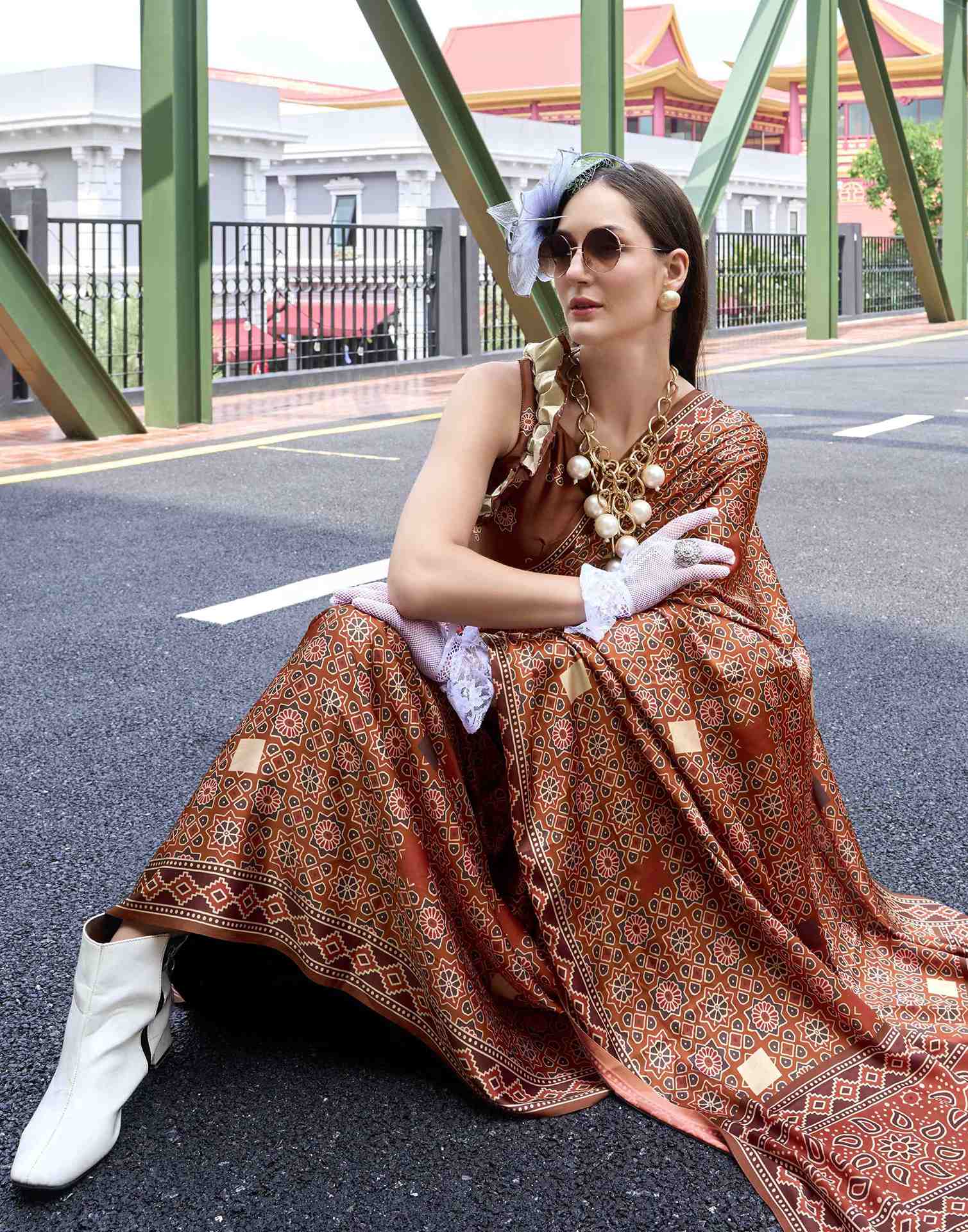 Rust Satin Printed Saree