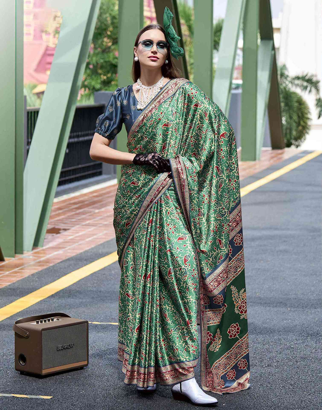 Green Satin Printed Saree