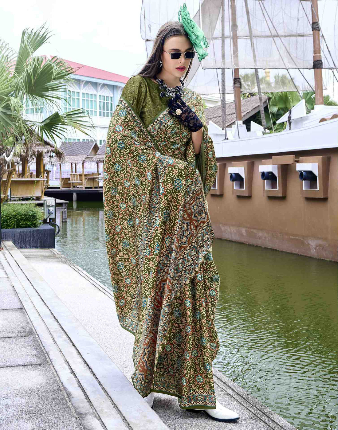 Olive Green Satin Printed Saree