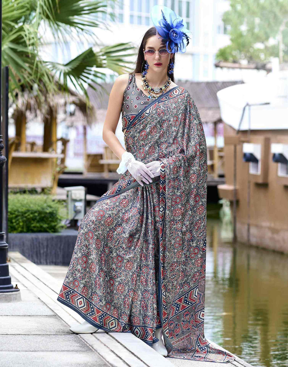 Grey Satin Printed Saree