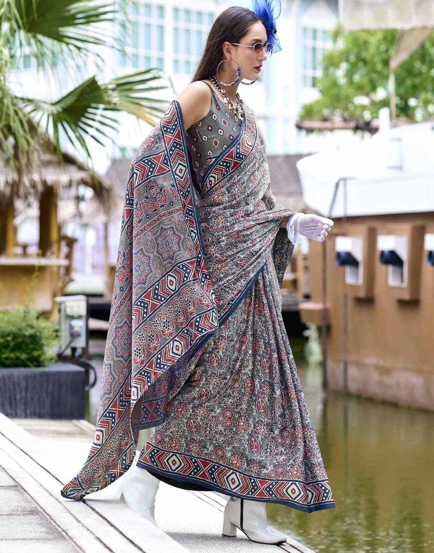 Grey Satin Printed Saree
