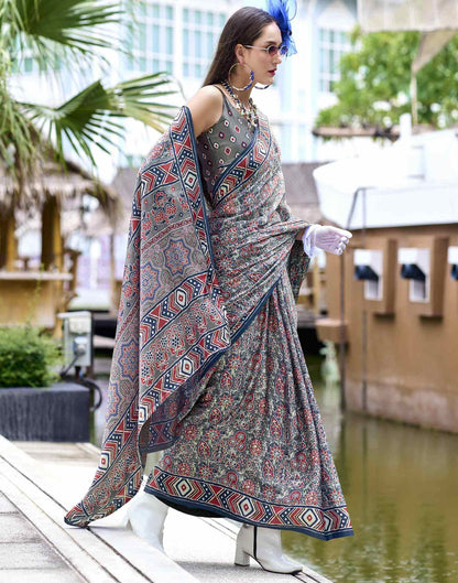 Grey Satin Printed Saree