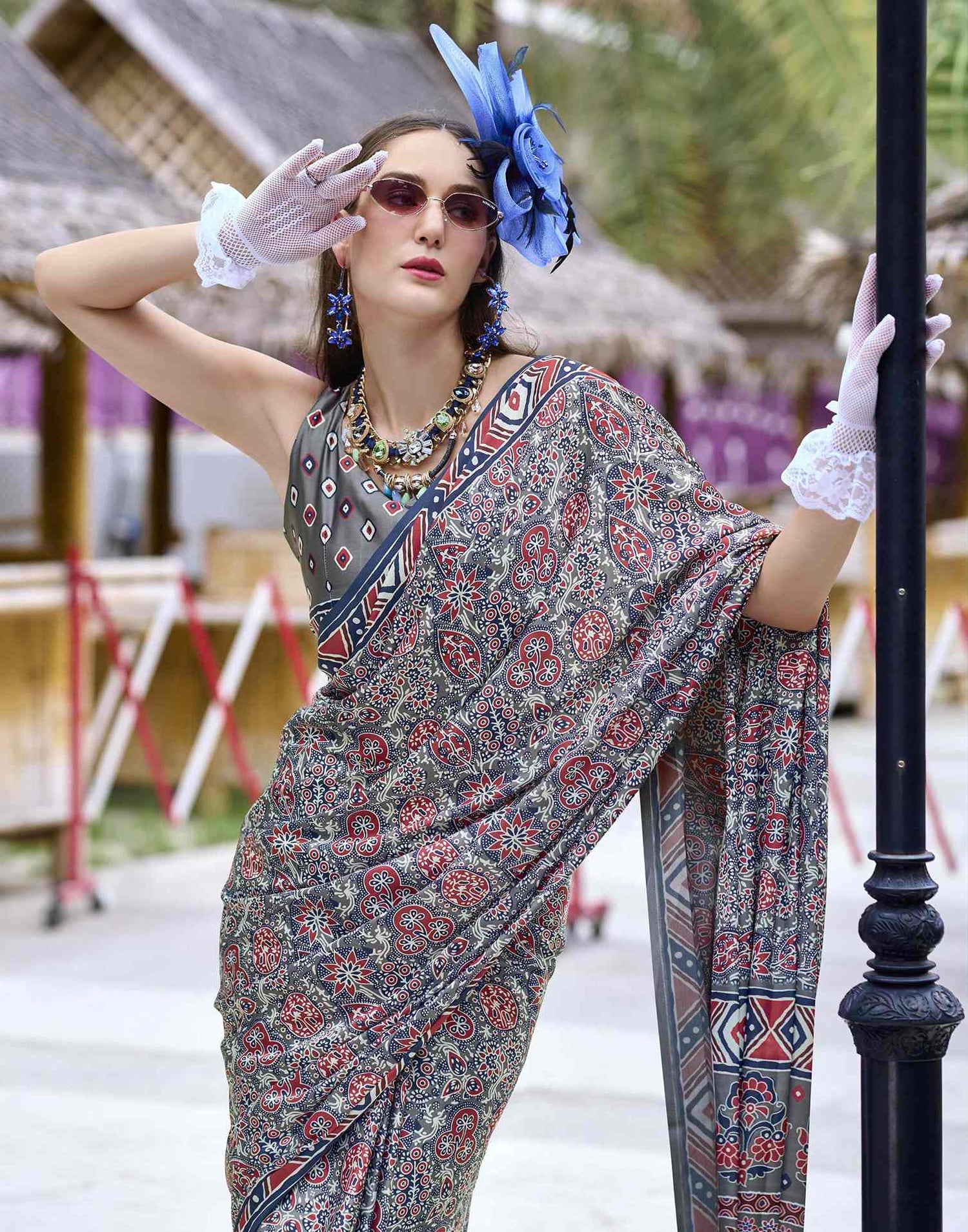 Grey Satin Printed Saree
