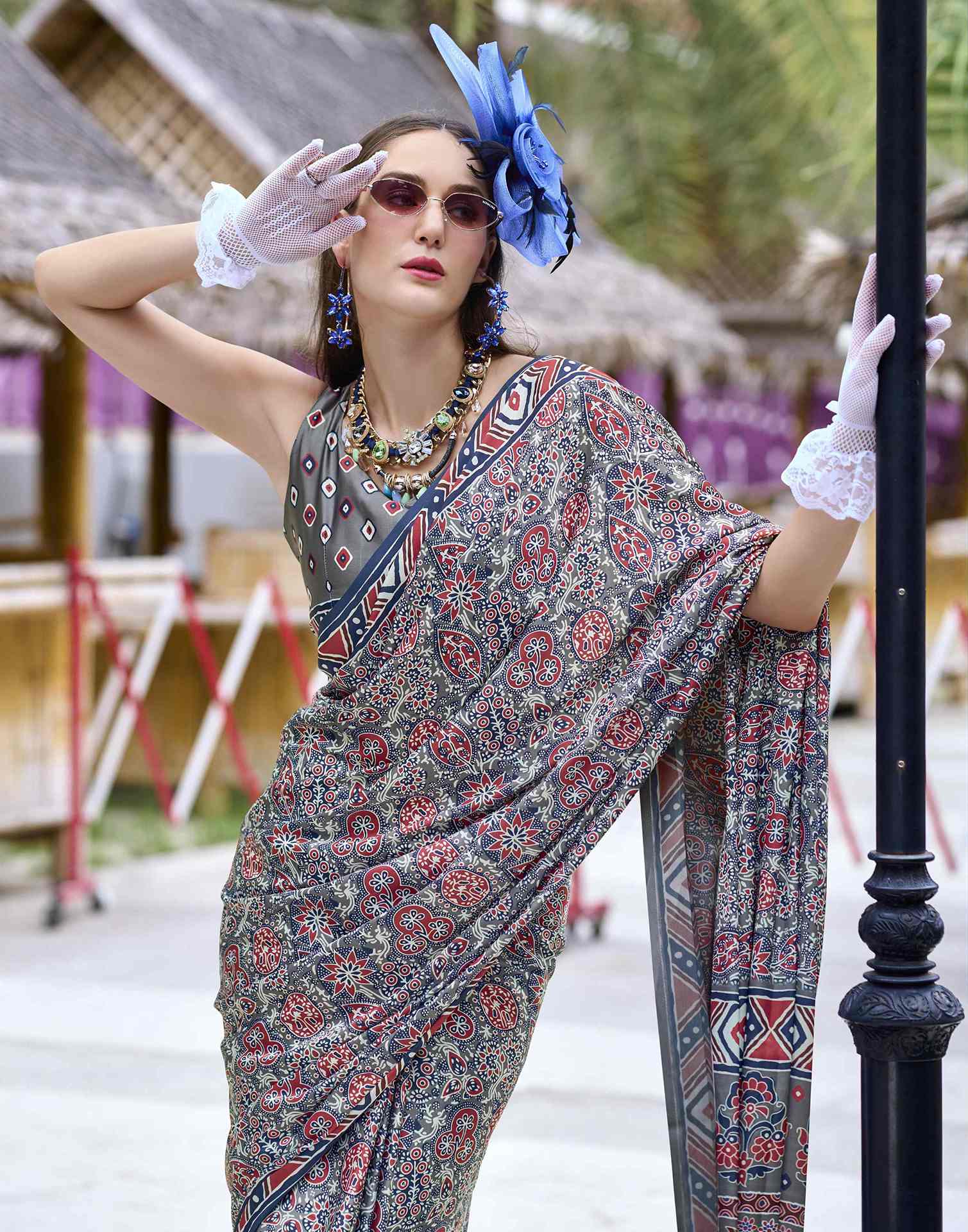 Grey Satin Printed Saree