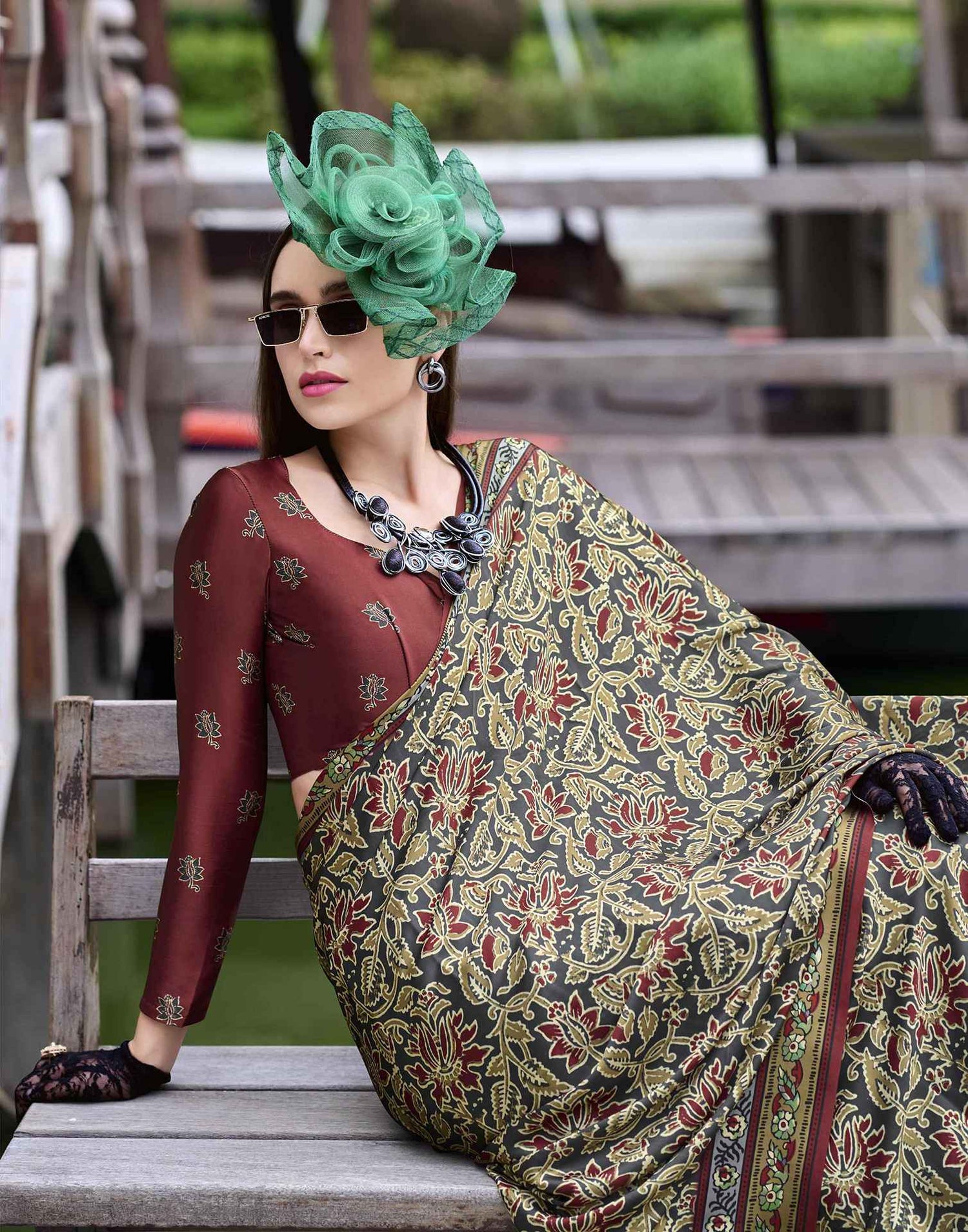 Beige Satin Printed Saree