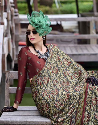 Beige Satin Printed Saree