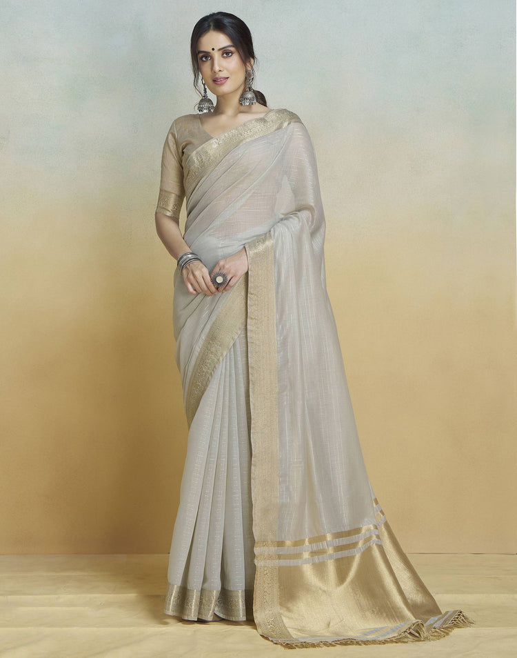 Grey Cotton Woven Zari Stripe Saree