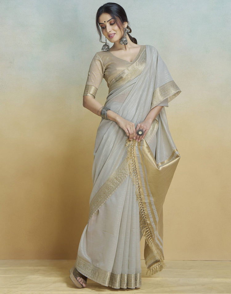Grey Cotton Woven Zari Stripe Saree