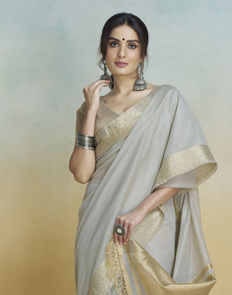 Grey Cotton Woven Zari Stripe Saree