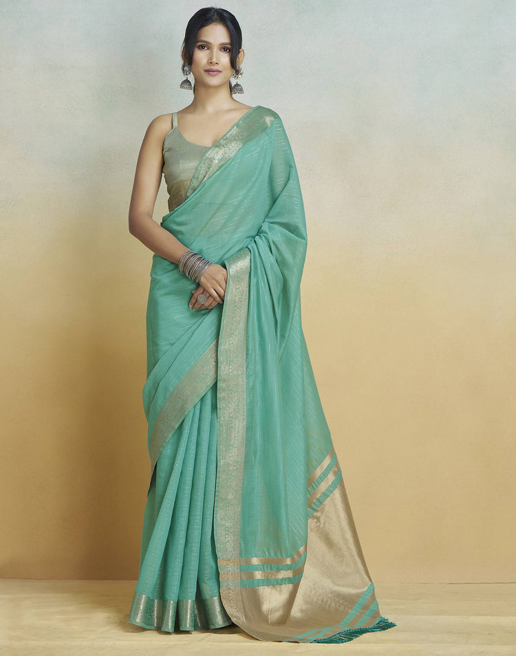 Teal Green Cotton Woven Zari Stripe Saree
