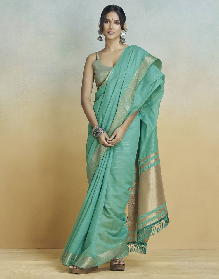 Teal Green Cotton Woven Zari Stripe Saree