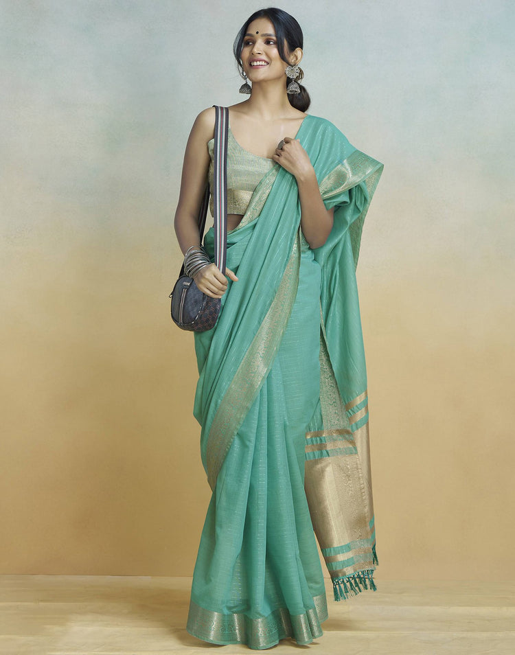 Teal Green Cotton Woven Zari Stripe Saree