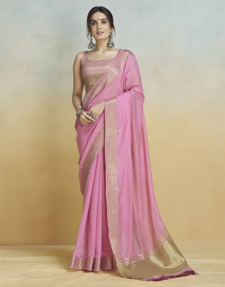 Pink Cotton Woven Zari Stripe Saree