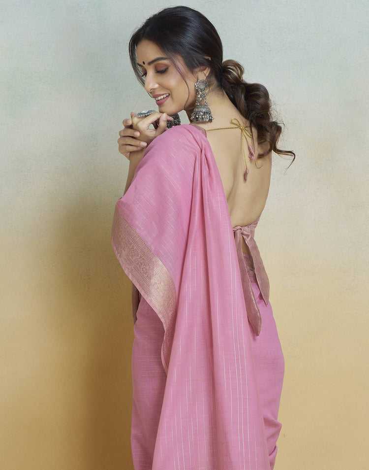 Pink Cotton Woven Zari Stripe Saree