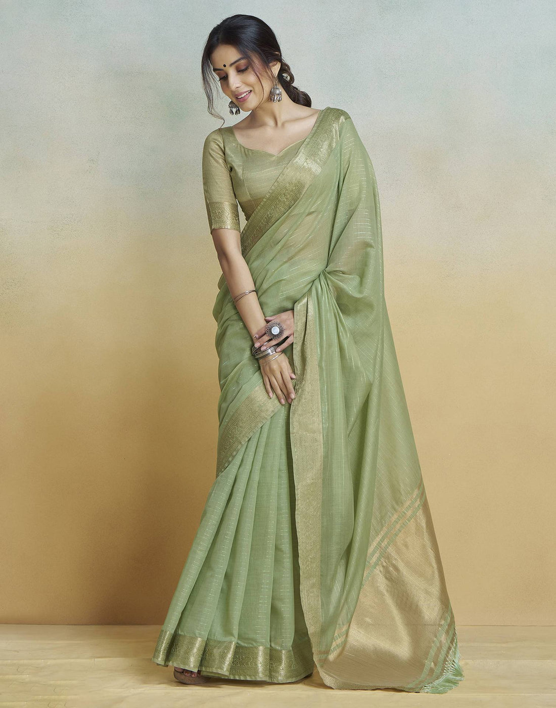 Light Green Cotton Woven Saree