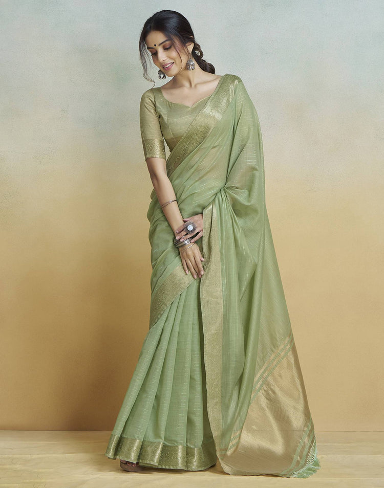 Light Green Cotton Woven Zari Stripe Saree