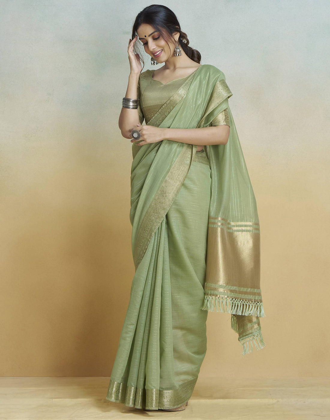 Light Green Cotton Silk Woven Saree