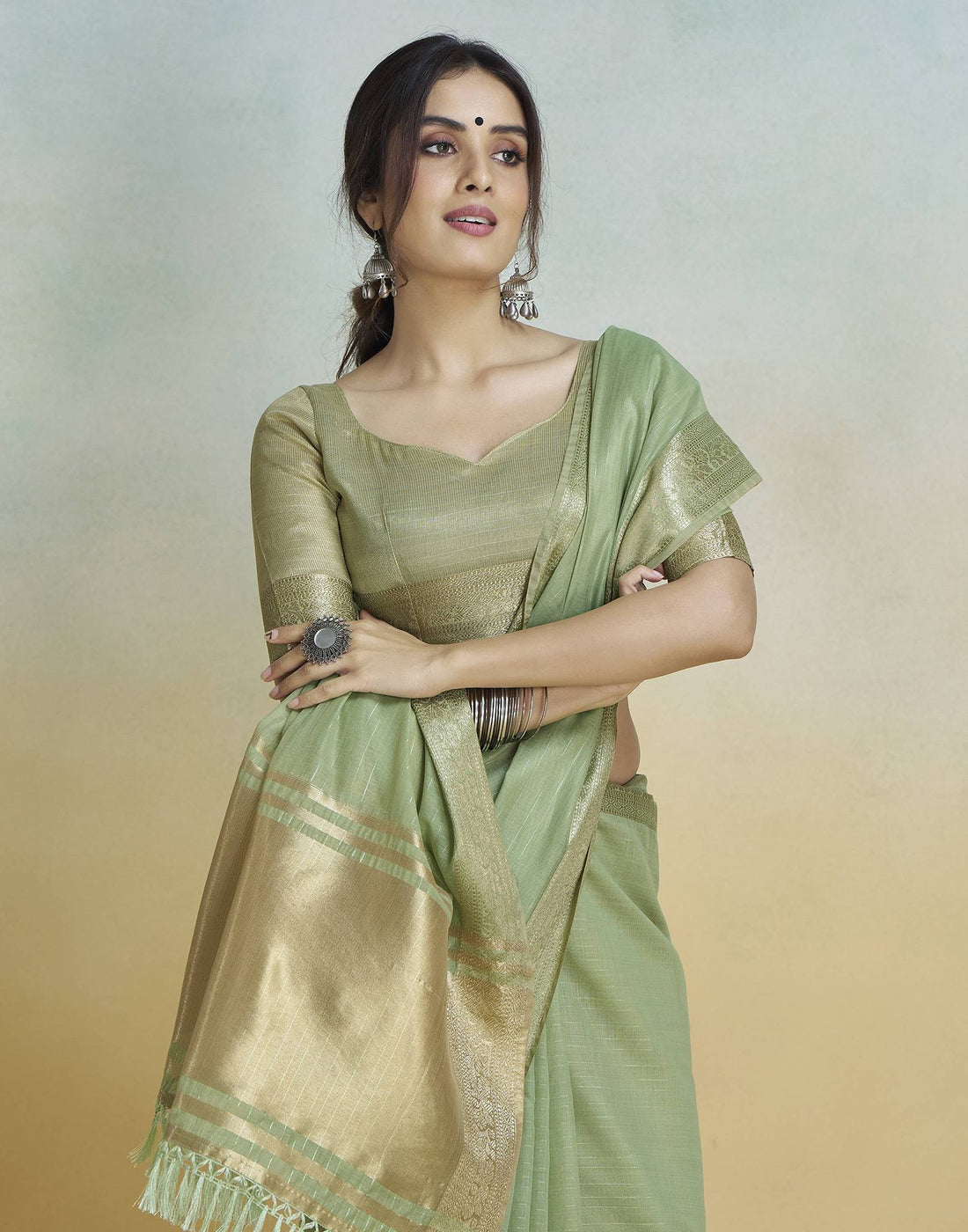 Light Green Cotton Silk Woven Saree