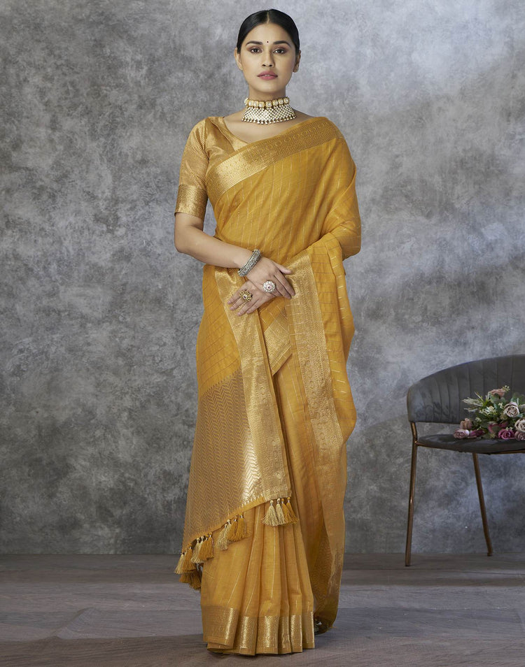 Mustard Silk Woven Zari Stripe Saree