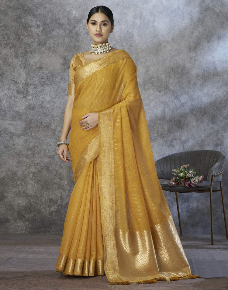 Mustard Silk Woven Zari Stripe Saree