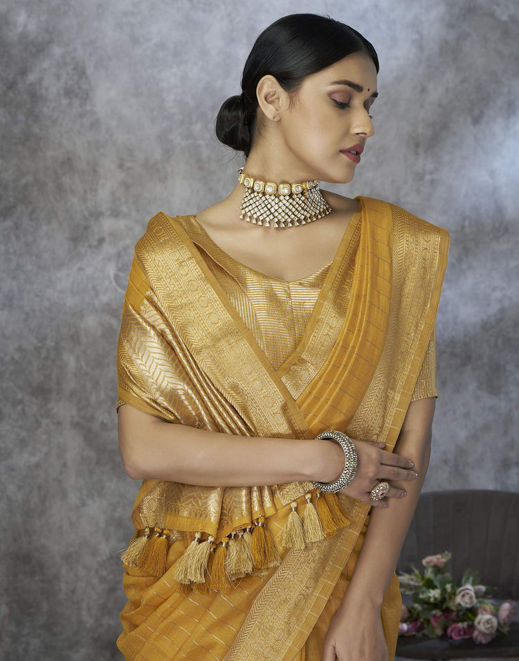 Mustard Silk Woven Zari Stripe Saree